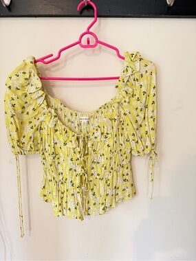 For Love & Lemons Yellow Floral Ruffle Smocked Peasant Blouse